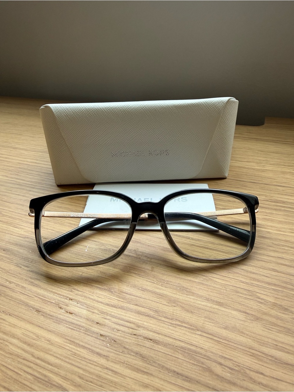 Michael Kors Black-to-Gray Gradient Rectangular Eyeglasses with Gold Temples